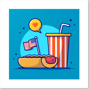 Tasty Hotdog with USA Independence Day Flag, Soda and Speech Bubble Cartoon Vector Icon Illustration Posters and Art